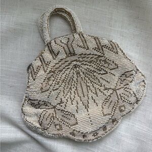 Vintage Beaded Floral Mosaic Handbag in Ivory and Taupe